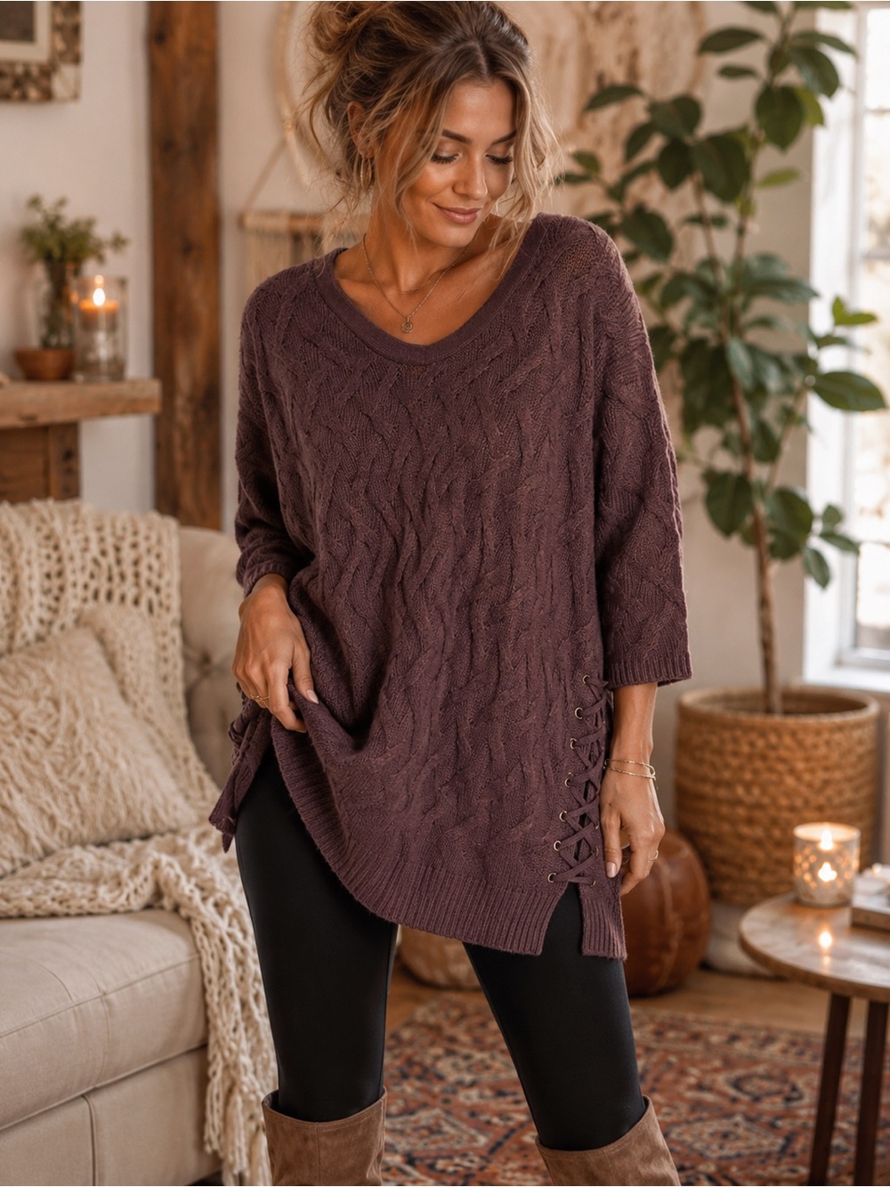 Simply Noelle L/XL Plum Cable Knit Lace Up Sweater Tunic Boho